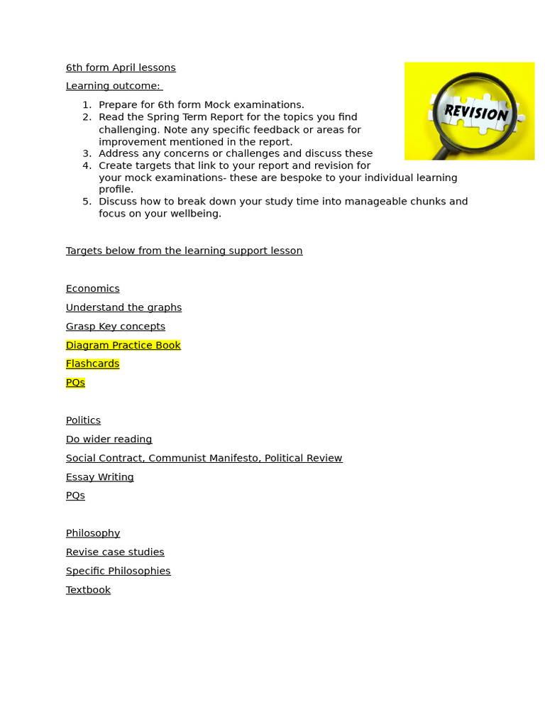 6th Form Mock Exam Study Guide | PDF | Cognition | Learning