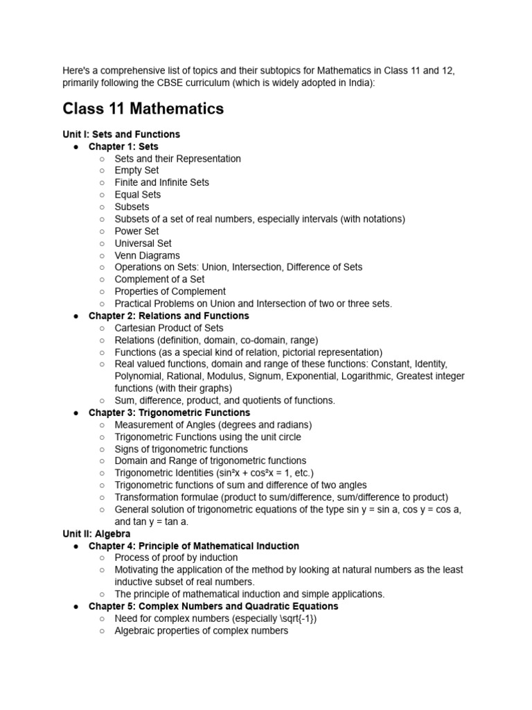 Comprehensive Maths Topics for Class 11-12 | PDF | Matrix (Mathematics ...