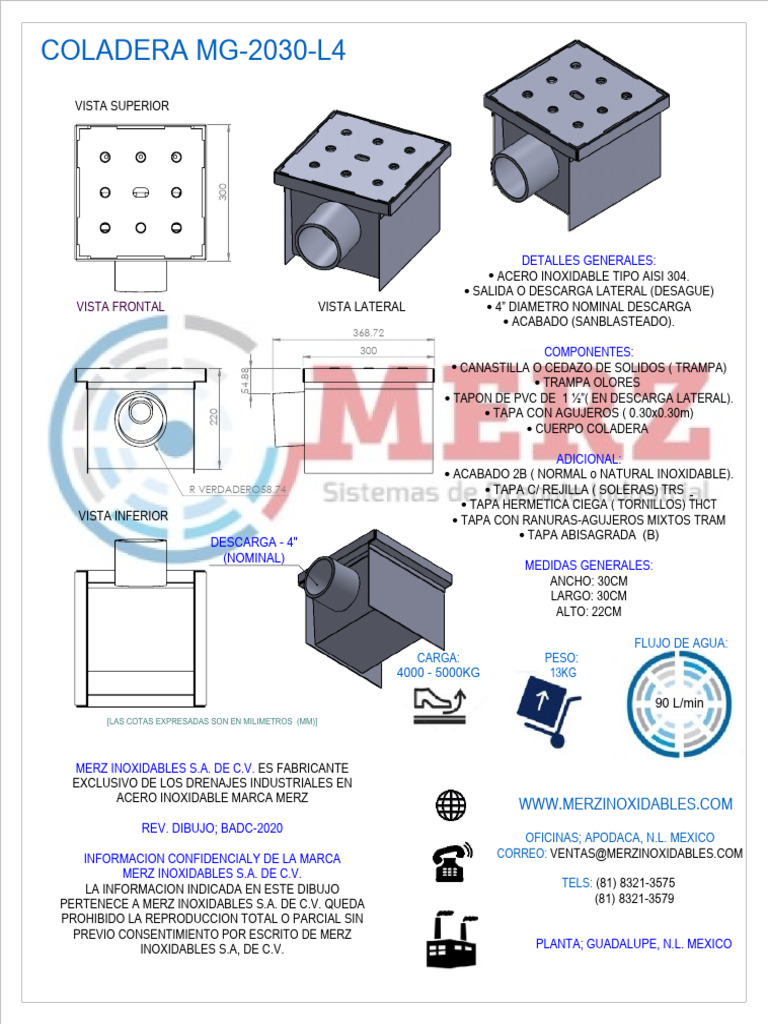 Coladera Inoxidable MG-2030-L4 4