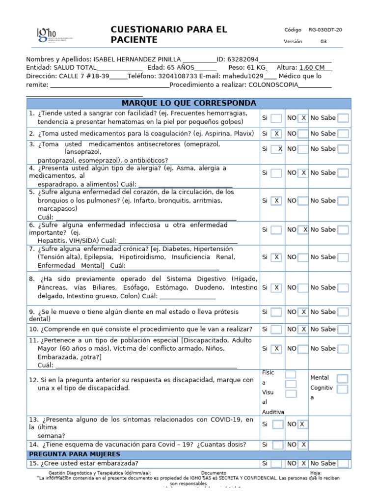 Cuestionario Pre-Colonoscopia para Pacientes | PDF | Especialidades ...