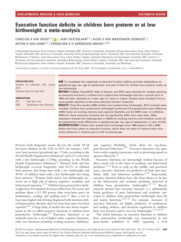 Executive Function Deficits in Preterm Children | PDF | Executive ...