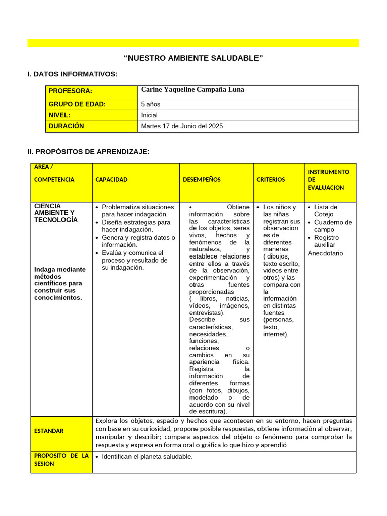 Cuidado del Medio Ambiente en Niños | PDF | Observación | Evaluación