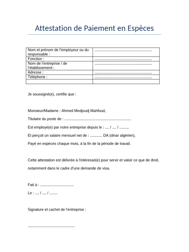 Attestation De Paiement En Espces Entre Particuliers