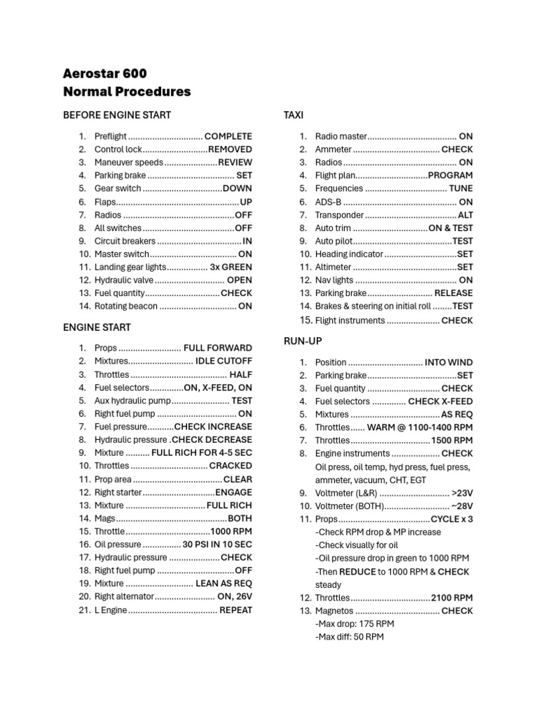 Aerostar 600 Normal Procedures Checklist | PDF | Throttle | Brake