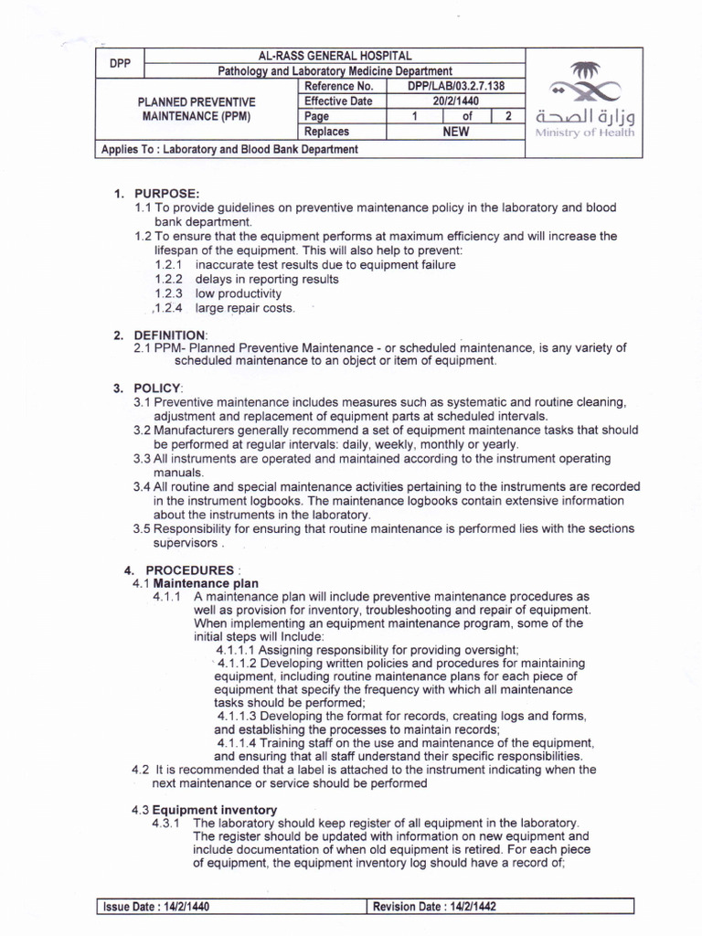 DPP - Lab - 03.2.7.138 Planned Preventive Maintenance (PPM) | PDF
