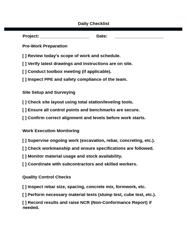 Junior Site Engineer Checklist | PDF