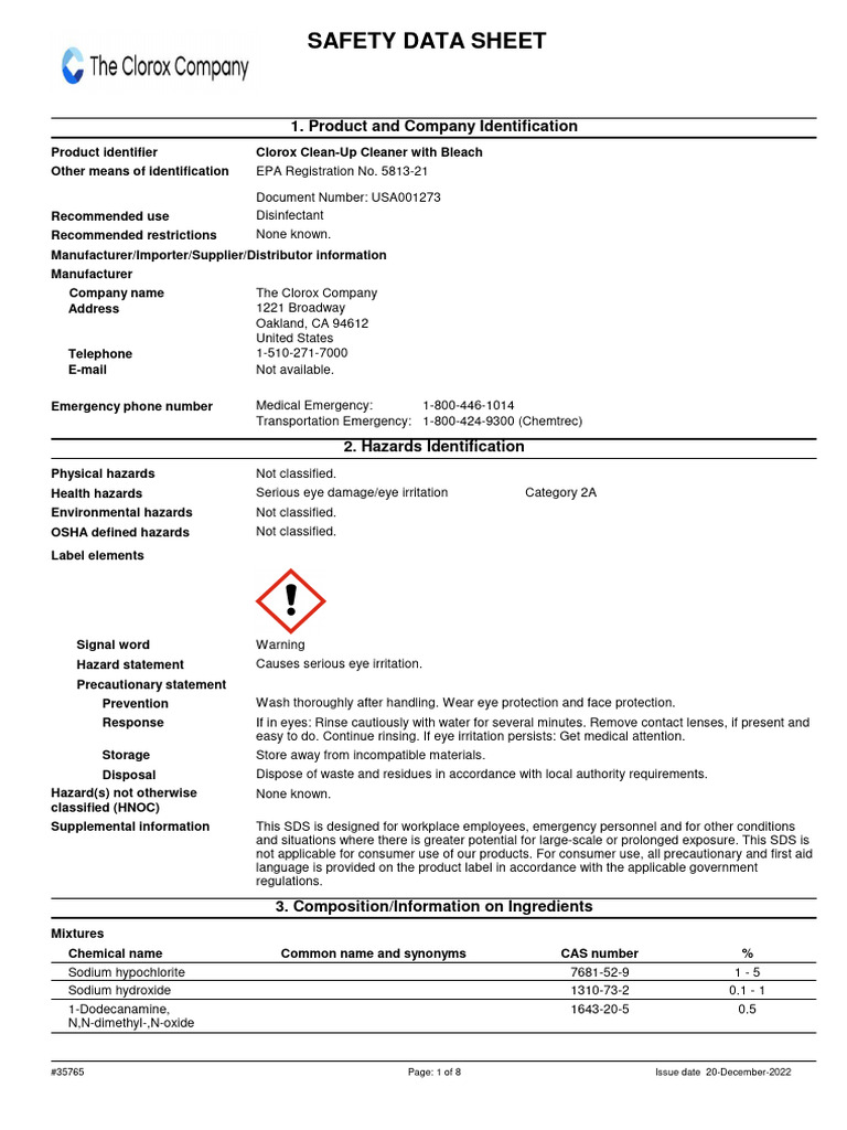 Clorox Clean-Up Safety Data Sheet | PDF | Dangerous Goods | Personal ...