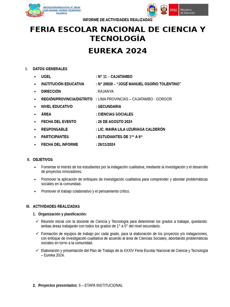 Informe Feria Escolar Eureka 2024 | PDF | Residuos | Perú