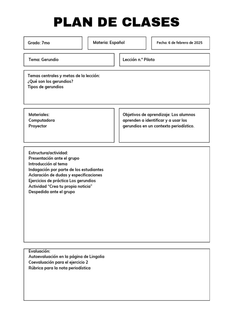 Blanco Formato para Imprimir Simple Plan de Clase PDF | PDF