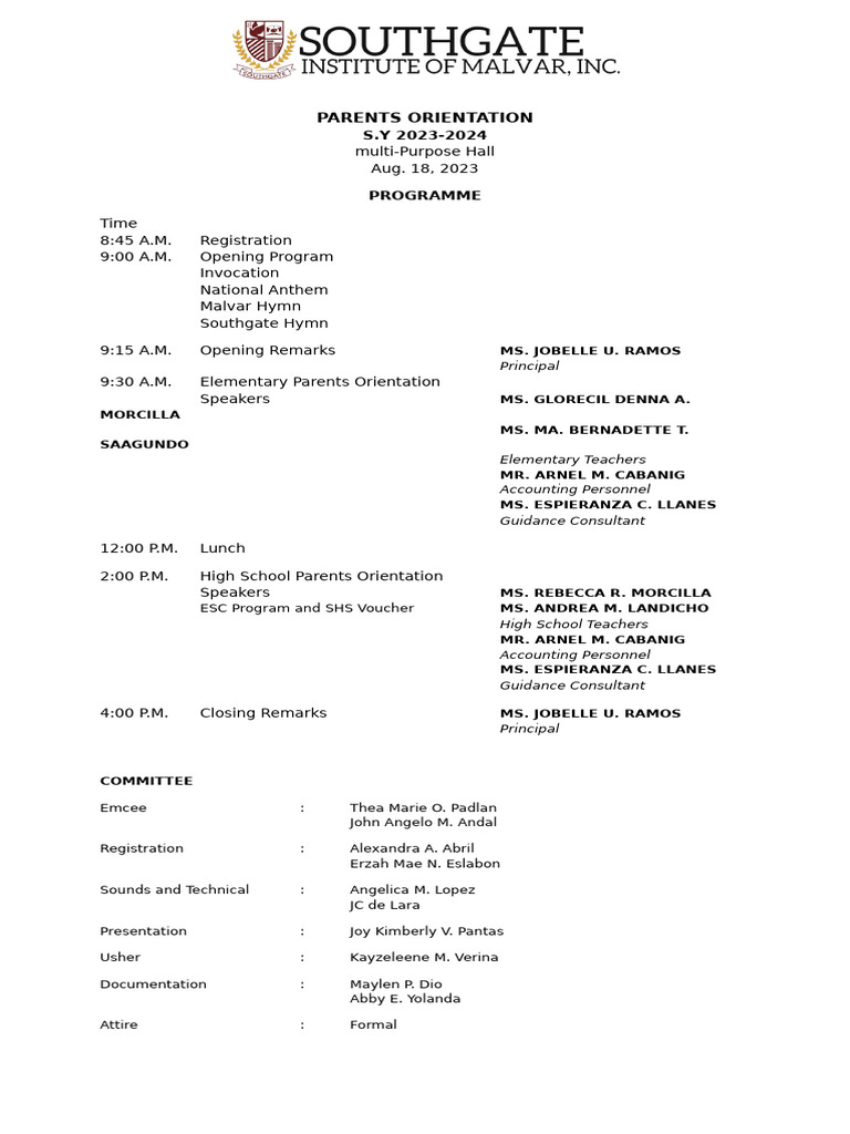 Parents Orientation Programme 2023-2024 | PDF