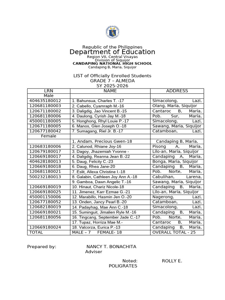 Grade 7 Student Enrollment List 2025-2026 | PDF