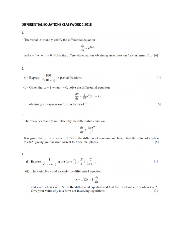 Differential Equations Classwork 1 2016 | PDF
