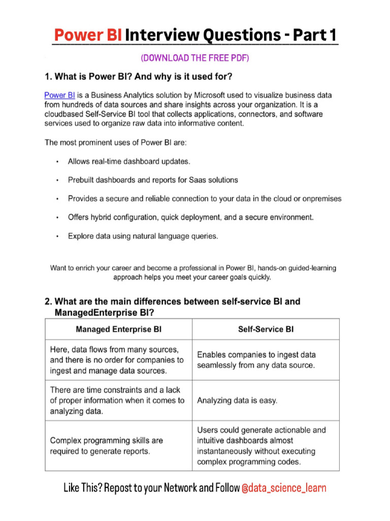 Power BI Interview Questions & Answers Cheatsheet Part 1 | PDF