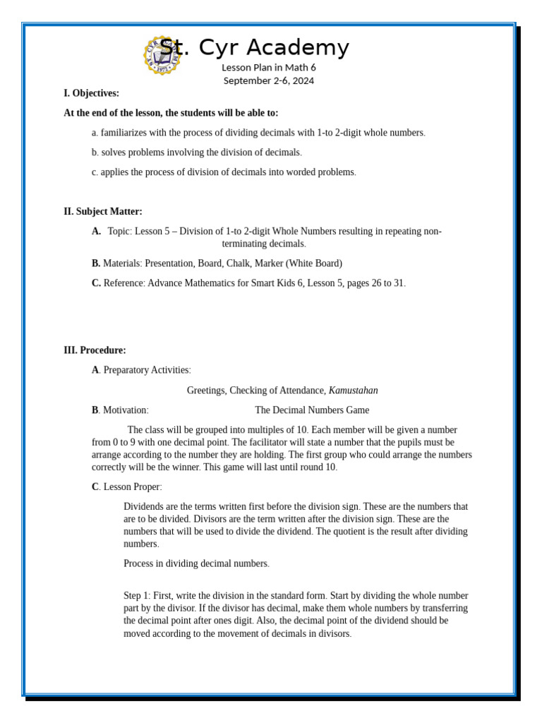 Math 6 Lesson 5 (September 2-6, 2024) | PDF | Division (Mathematics ...