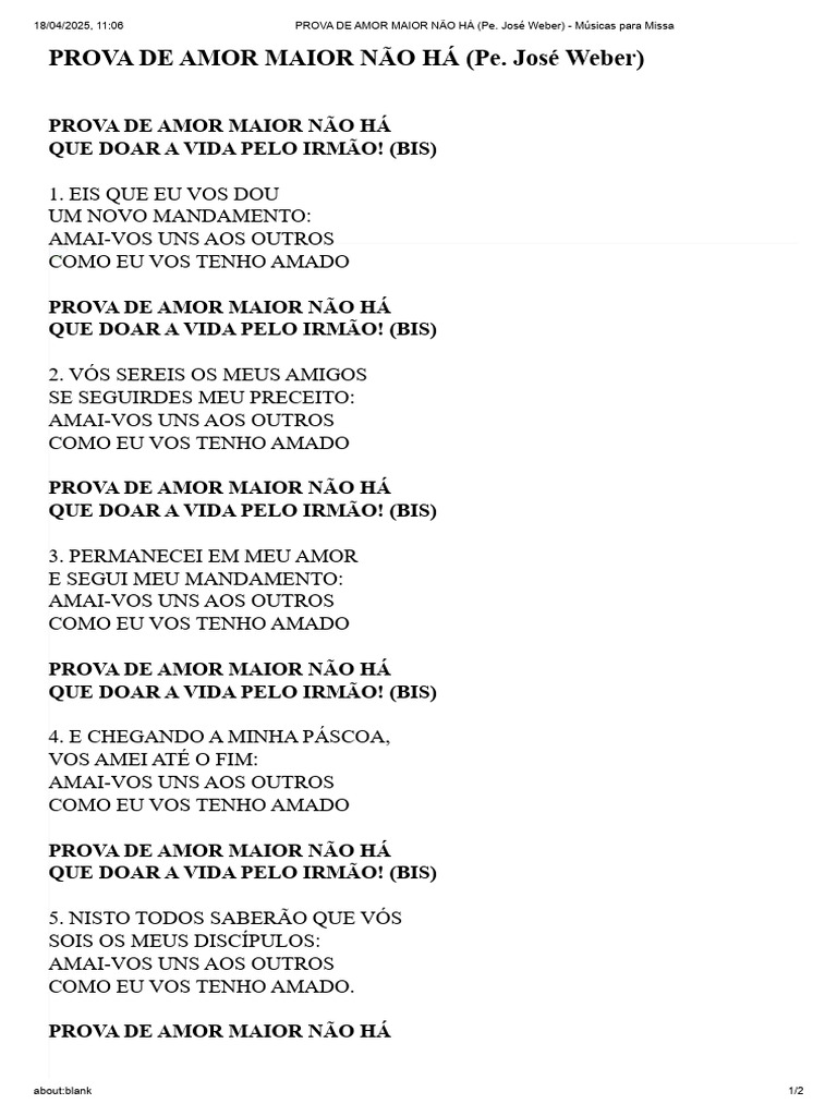 Prova de Amor Maior Não Há (Pe. José Weber) - Músicas para Missa | PDF