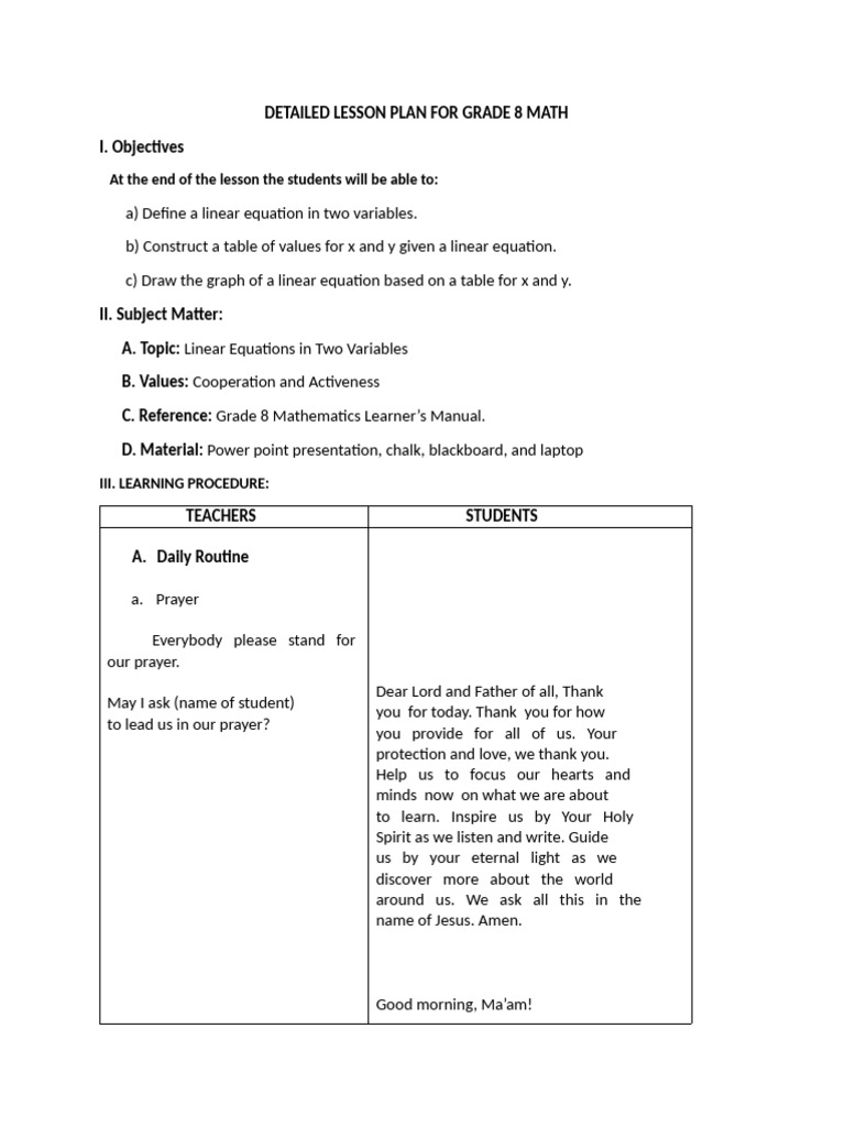 Grade 8 Linear Equations Lesson Plan | PDF | Cartesian Coordinate ...