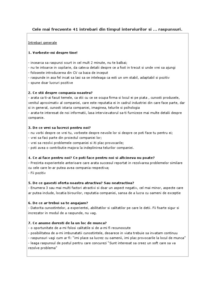Cele Mai Frecvente 41 Intrebari Din Timpul Interviurilor Si Raspunsuri