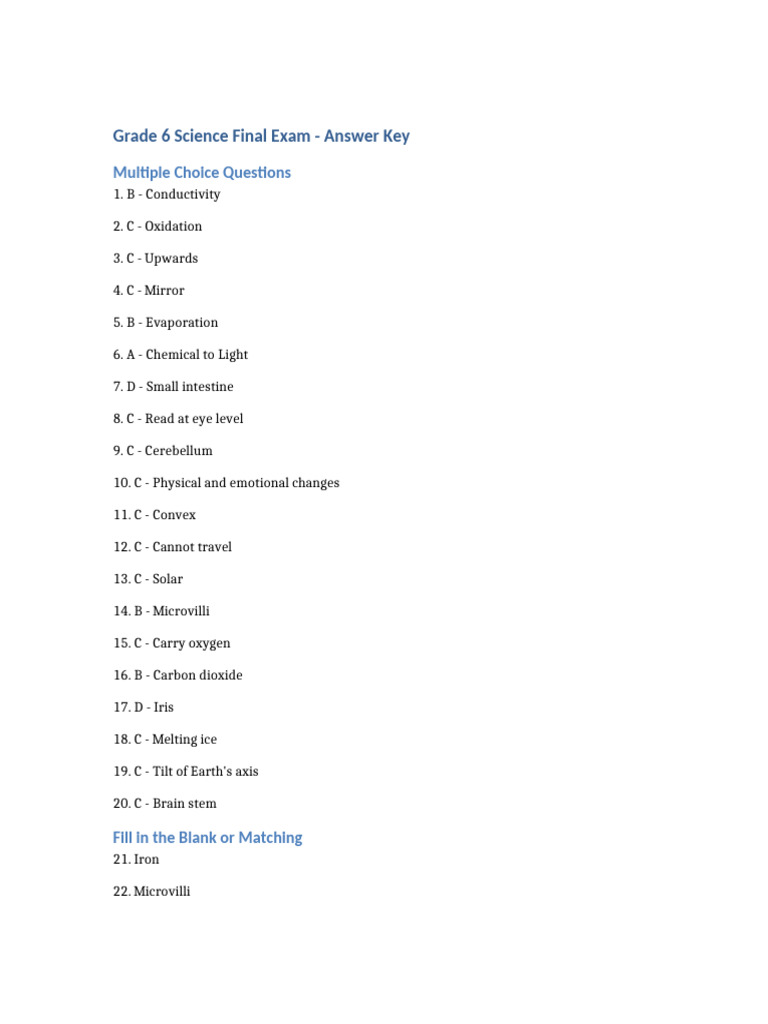 Grade 6 Science Final Exam Answer Key | PDF