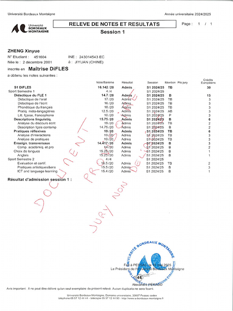 Relevé de Notes Provisoire ZHEN Xinyue MNN1 2024 2025 | PDF