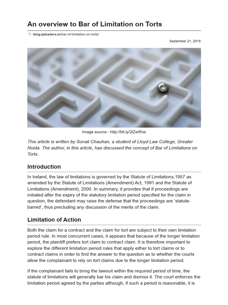 An Overview To Bar of Limitation On Torts | PDF | Tort | Cause Of Action