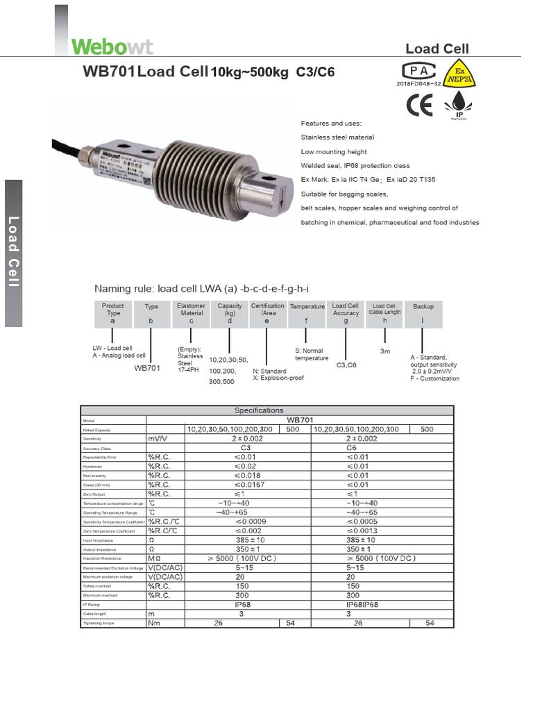 WB701 Load Cell Specifications | PDF | Electrical Engineering | Electricity