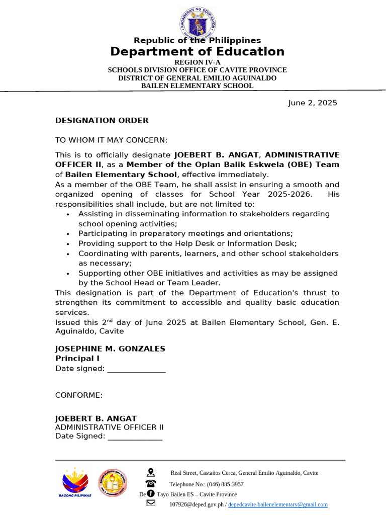 OBE Team Designation for Bailen ES | PDF