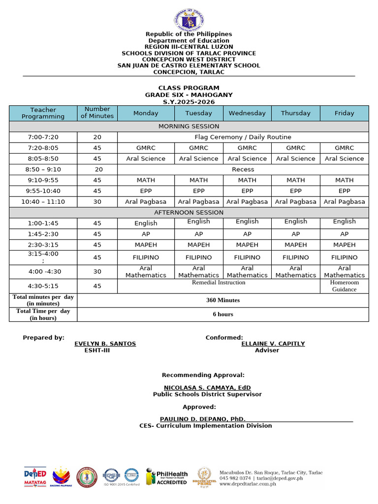 Grade Six New Class Program 2025-2026 (2) v5 | PDF | Philippines