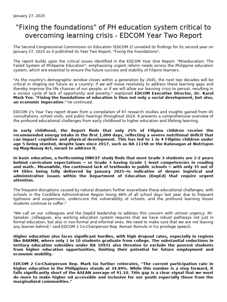 EDCOM 2 Report: Fixing PH Education 2025 | PDF | Teachers | Learning