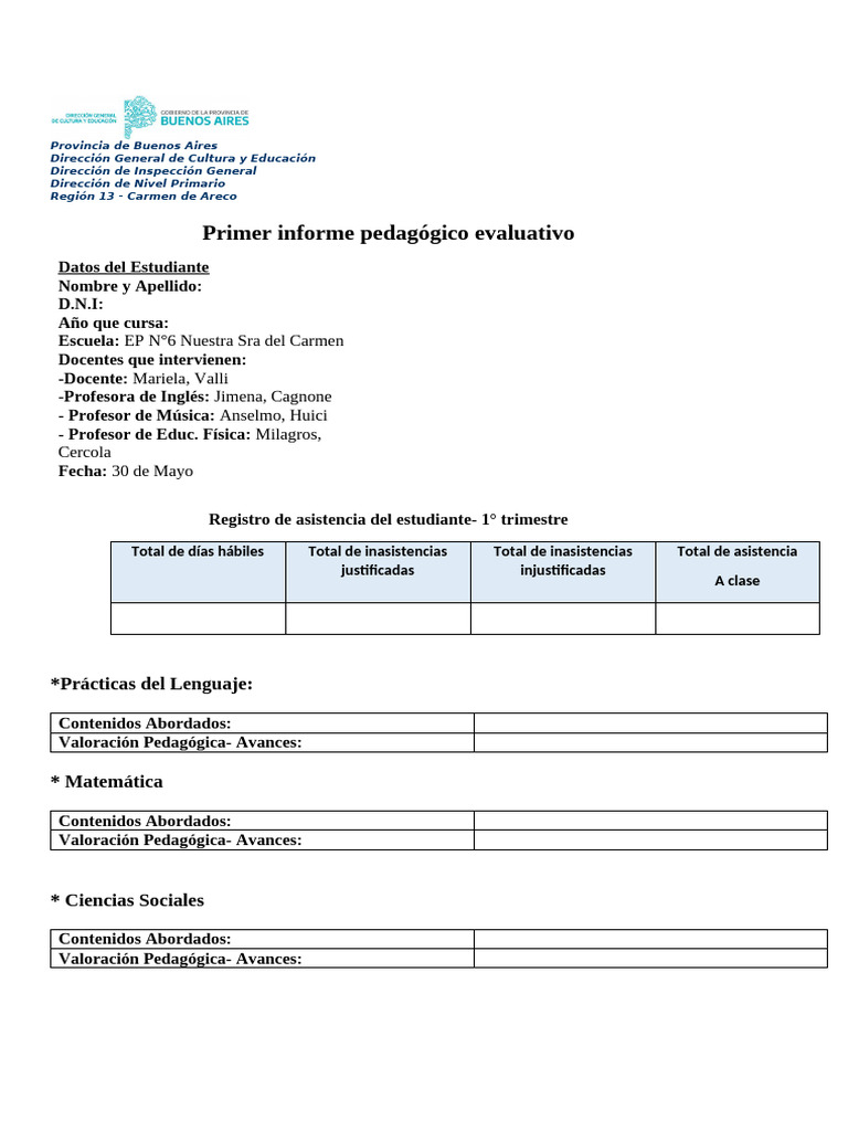Informe Pedagógico Evaluativo 1° Trimestre | PDF | Enseñando | Pedagogía