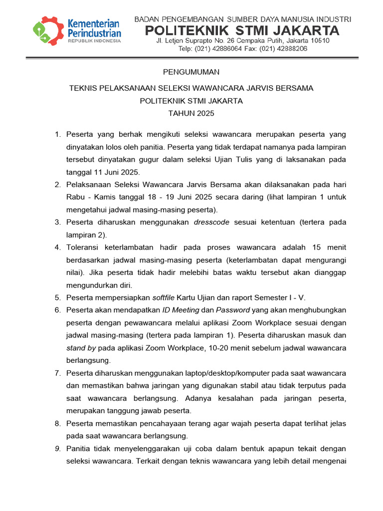 Seleksi Wawancara Jarvis 2025 STMI | PDF