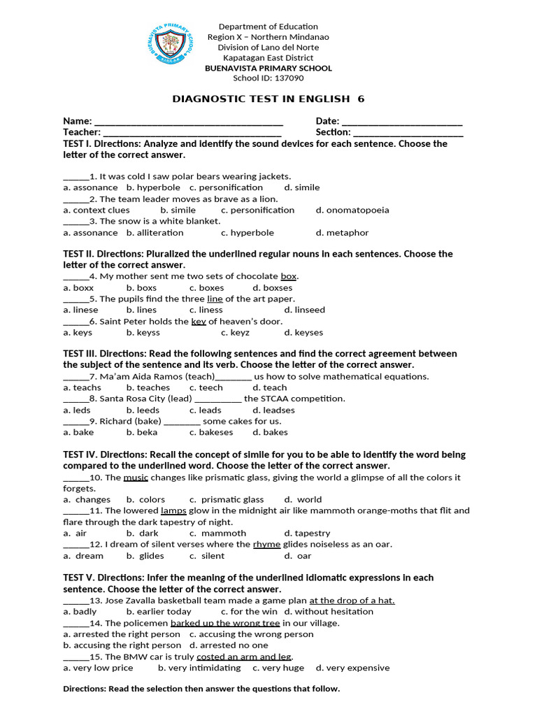 English 6 Diagnostic Test Overview | PDF | Linguistics | Linguistic ...