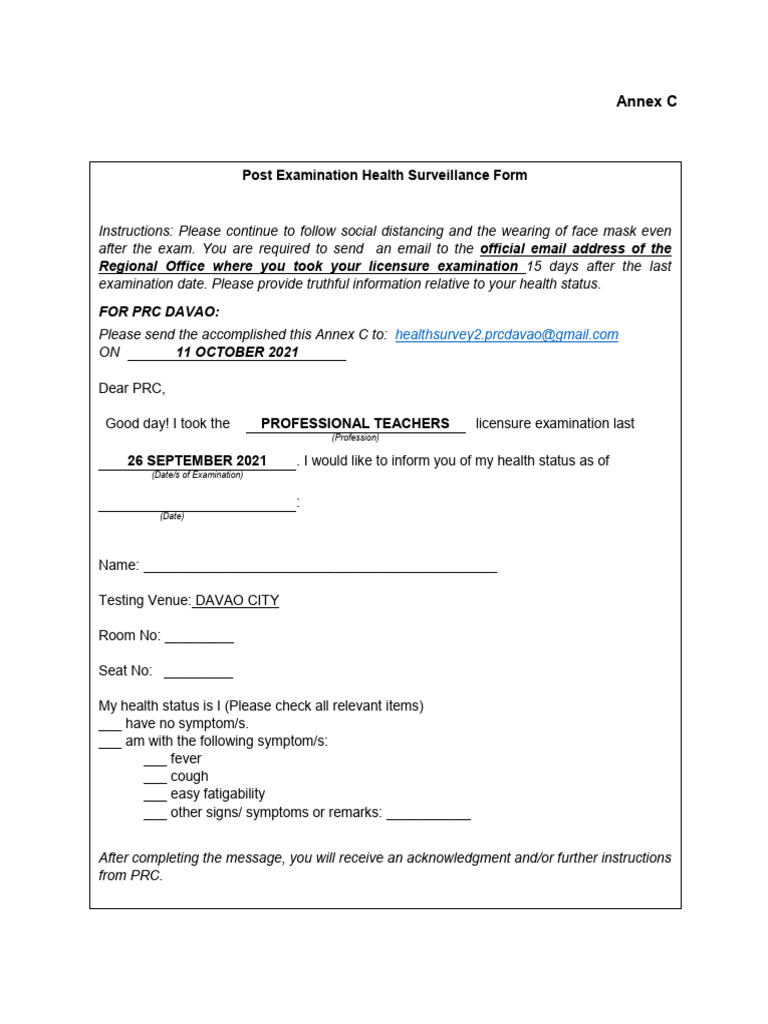 Post Exam Health Surveillance Form | PDF