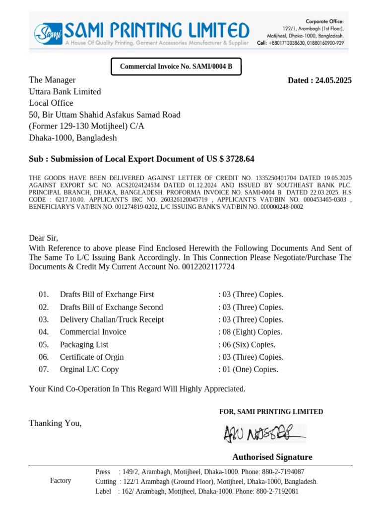 LC Document - $ 3728.64-24.05.2025-Uttara BANK-1335250401704 | PDF ...