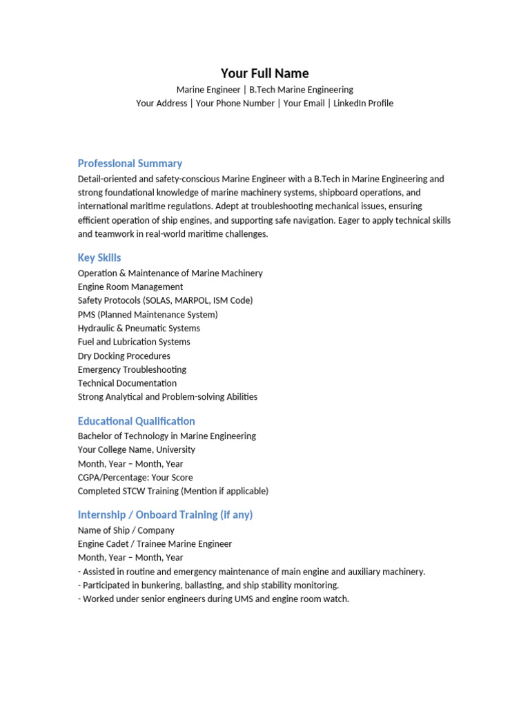 Marine Engineer CV Template | PDF | Engineering