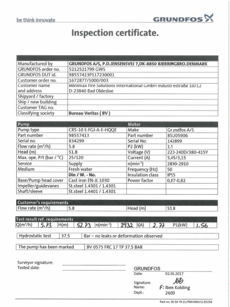 BV Pump Certificate | PDF