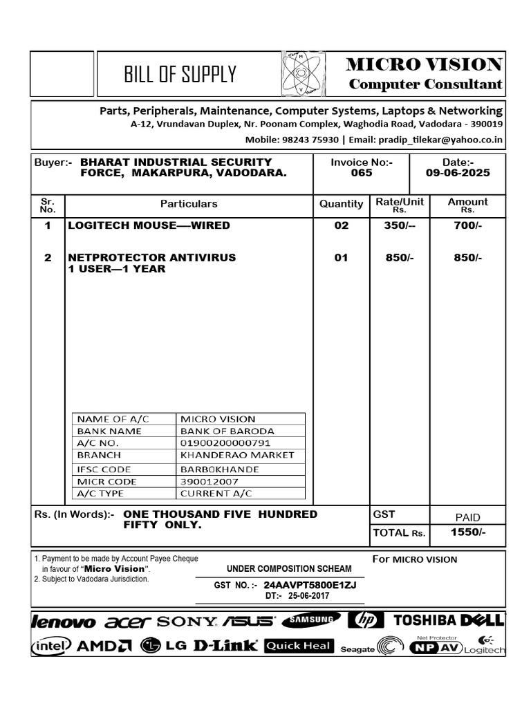 Bill of Supply for BISF Purchase | PDF