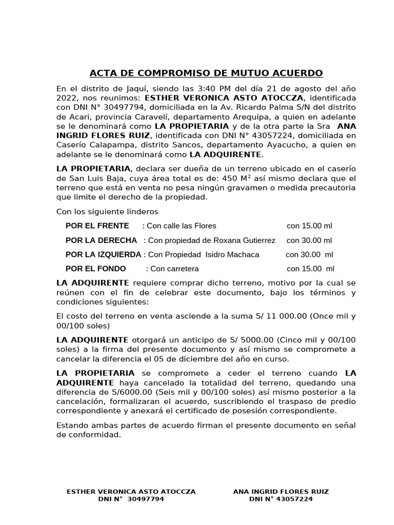 Acta de Compromiso de Mutuo Acuerdo | PDF