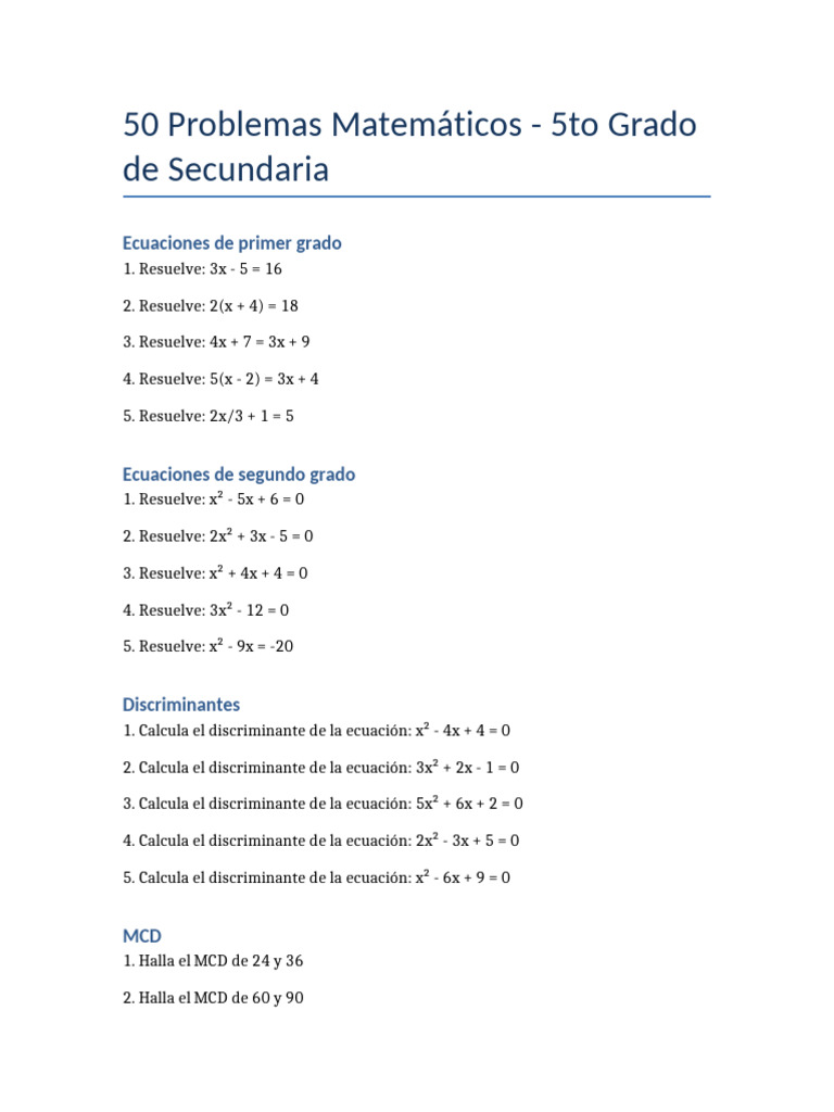 Problemas Matemáticos para Secundaria | PDF