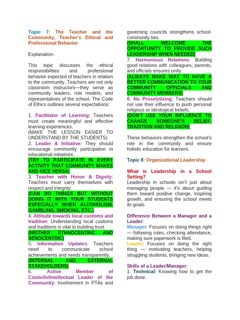 Reviewer For Educ 123 | PDF | Teachers | Leadership