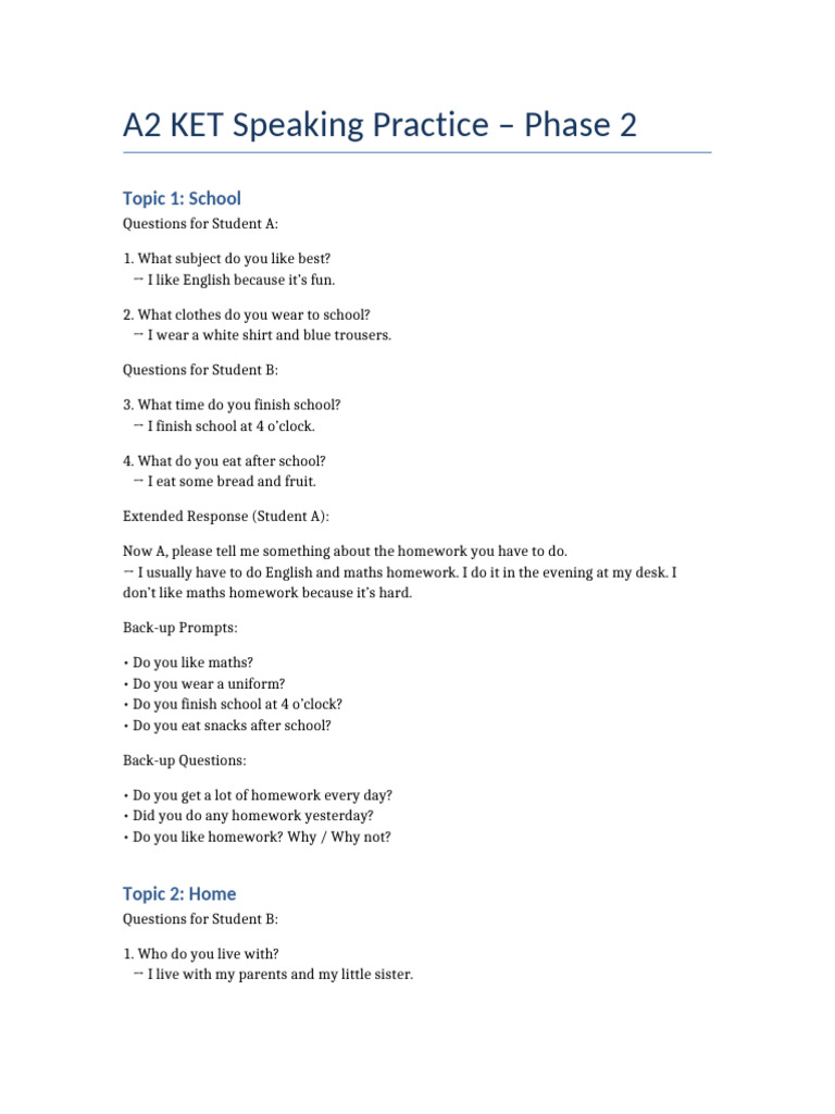 KET A2 Speaking Practice: School & Home | PDF