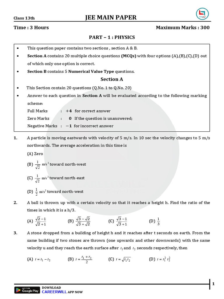 JEE Main Physics Question Paper | PDF | Chemistry | Physical Sciences