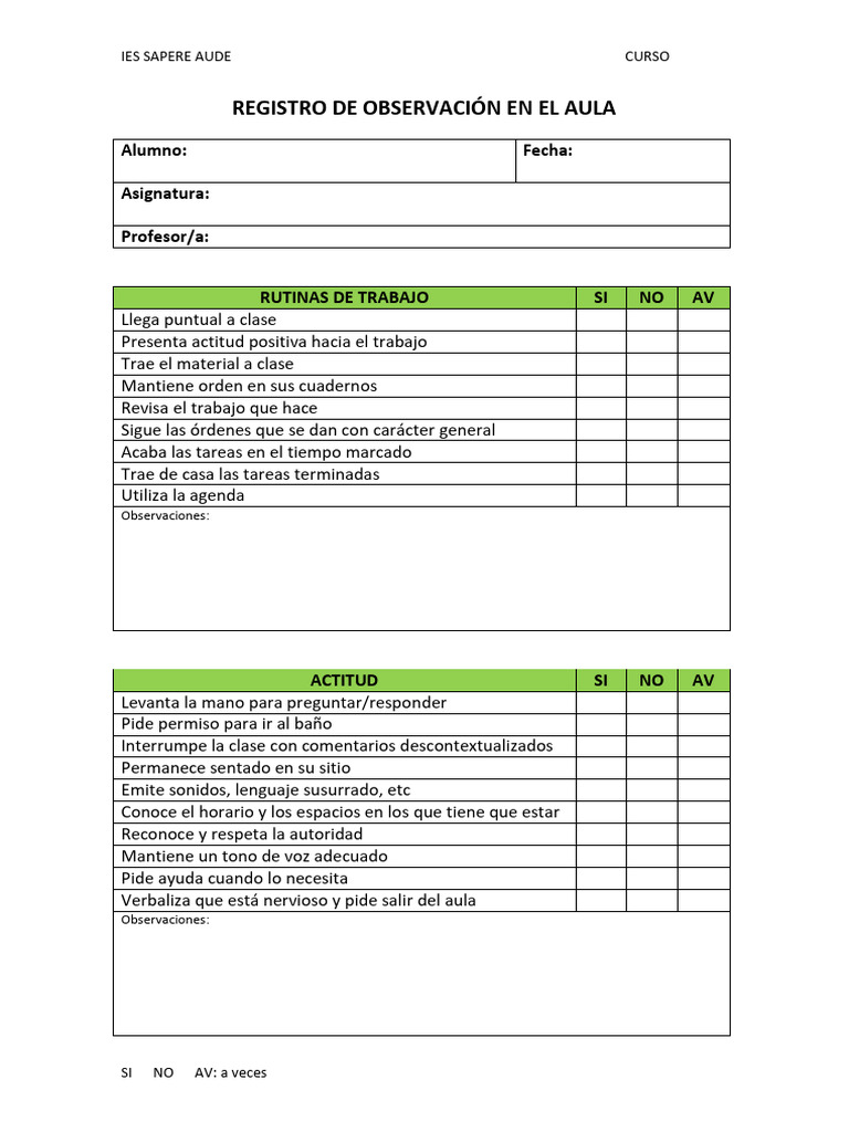 Registro de Observación en el Aula | PDF