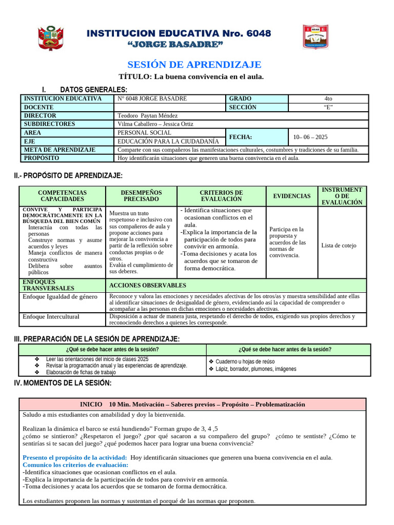 Sesión 01 Personal Social | PDF | Aprendizaje | Salón de clases