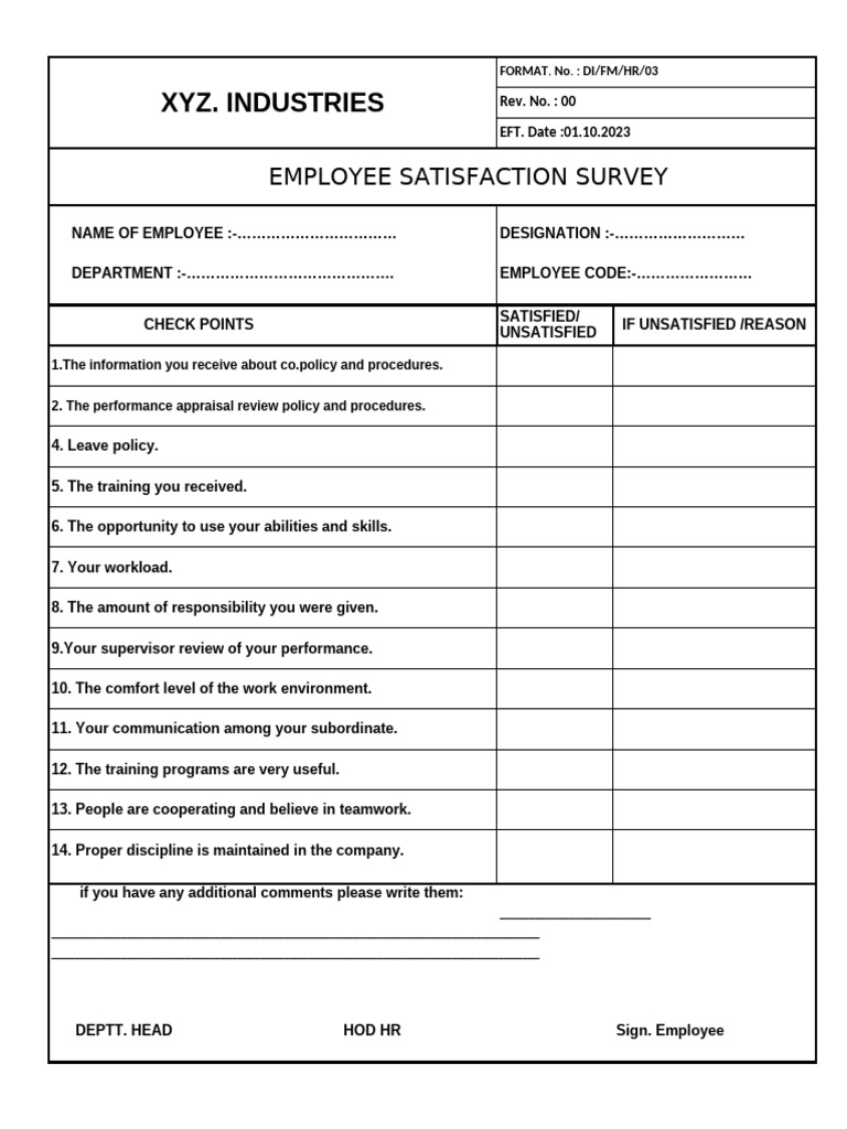 Employee Satisfaction Survey Form | PDF
