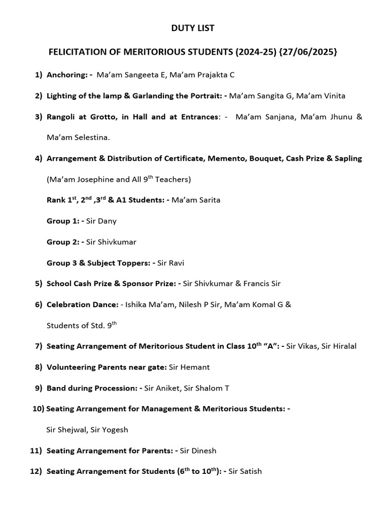 Duty List Felicitation of Meritorius Students | PDF