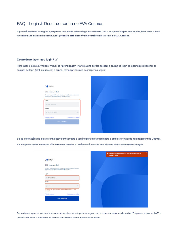 Login e Reset de Senha no AVA Cosmos | PDF | Senha | Fazer login