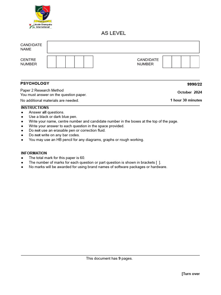 AS Level Psychology Research Methods Exam | PDF | Experiment | Psychology
