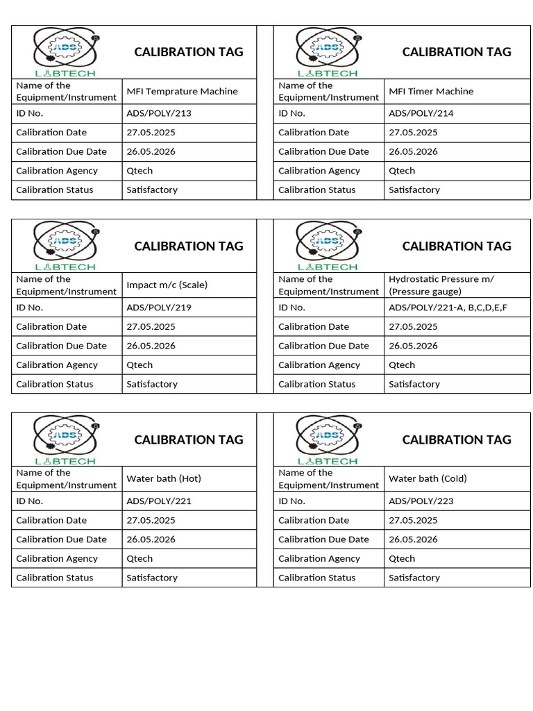 Calibration Tags for Laboratory Equipment | PDF | Calibration ...