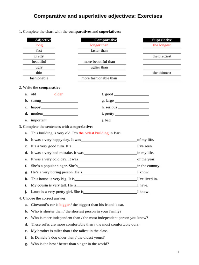 Comparative and Superlative Adjectives Exercises | PDF