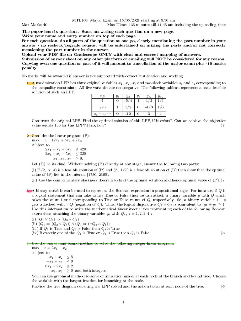 MTL103 Major 2020-21 Sem2 | PDF | Boolean Algebra | Teaching Mathematics